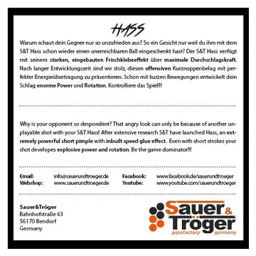 Sauer & Tröger Hass kurze Noppe Tischtennisbelag druckvoll