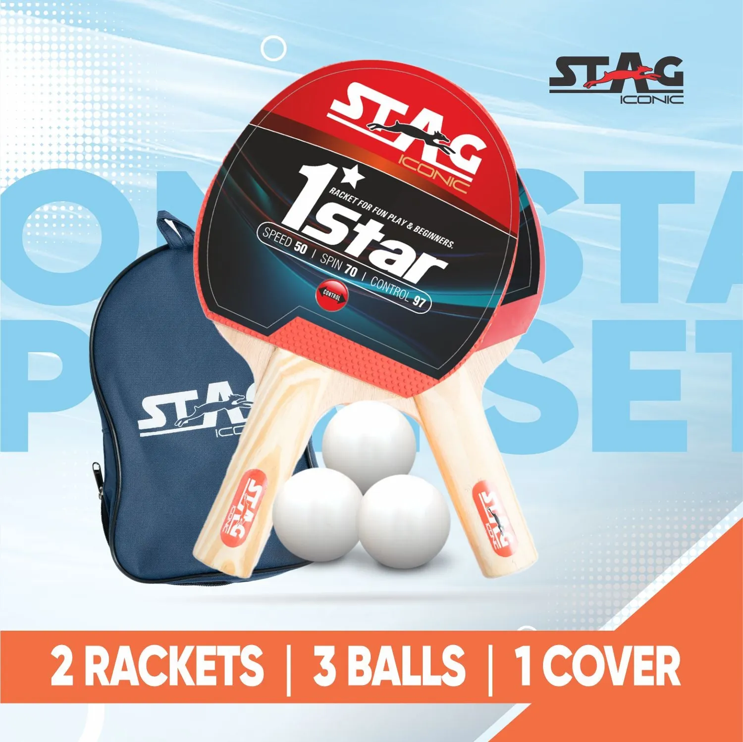 Stag Iconic 1 Star Tischtennis-Set 2 Schläger 3 Bälle mit Hülle