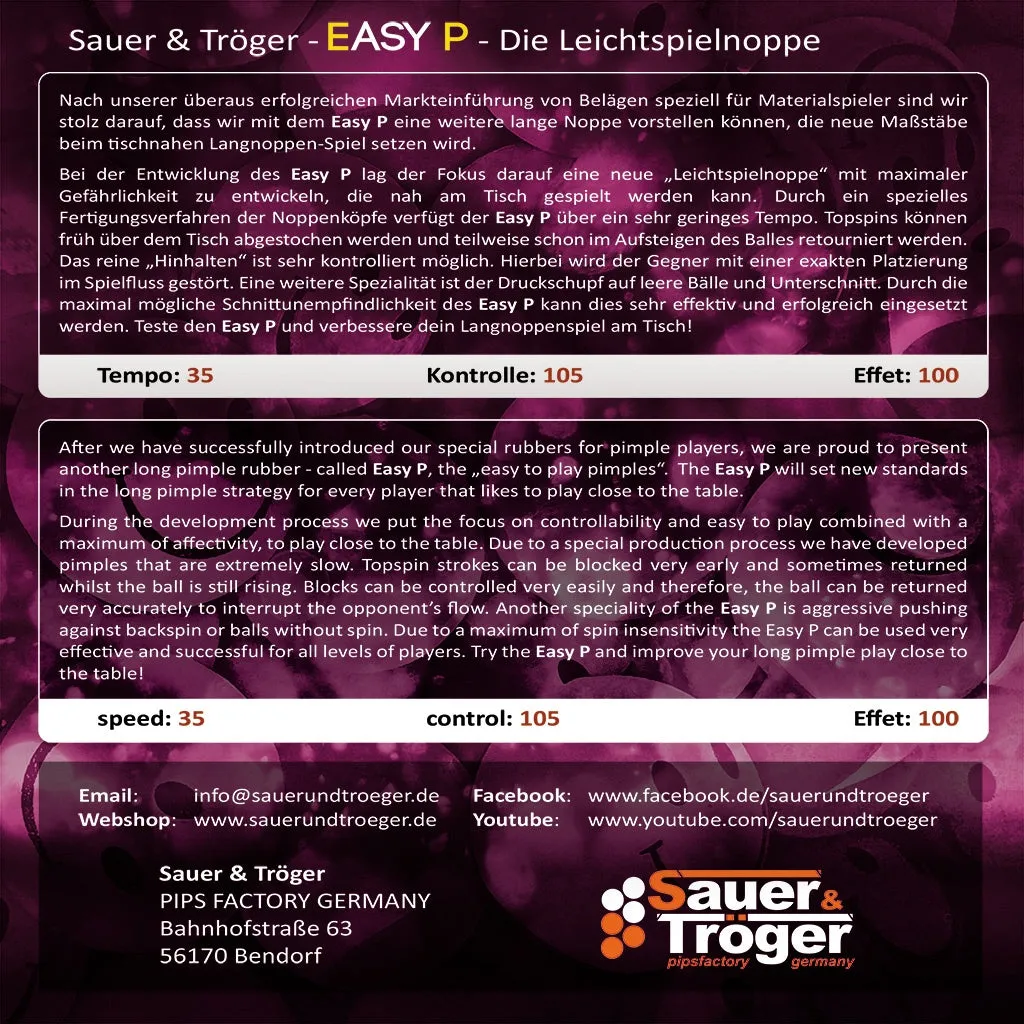 Sauer & Tröger Easy P lange Noppe Tischtennisbelag Kontrolle